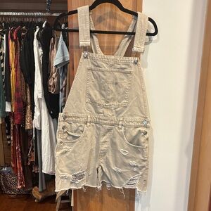 Free People Tan Distressed Denim Overalls